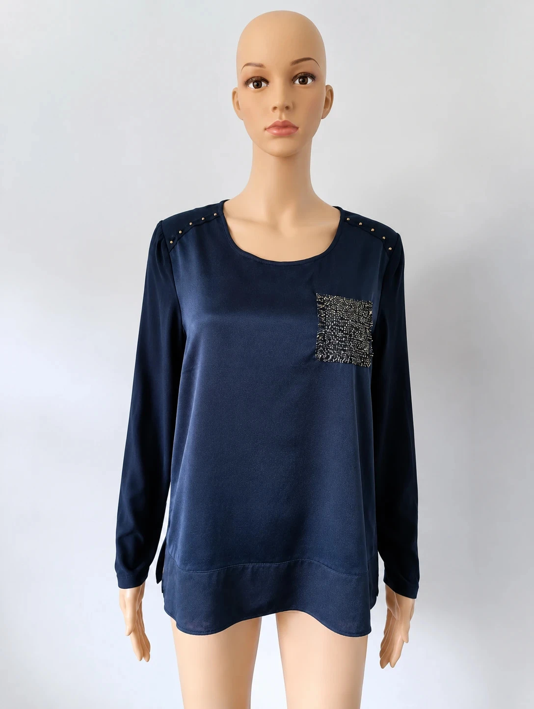 Blouse Captain Tortue T38 bleu marine – Poche tweed pailletée – Manches longues